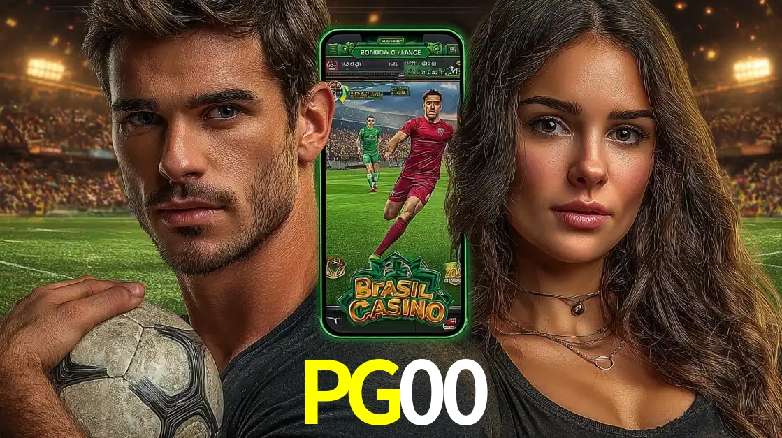 Homem segurando uma bola de futebol e uma mulher ao lado de um smartphone exibindo o jogo de apostas esportivas da PG00. Faça seu palpite no cassino online.