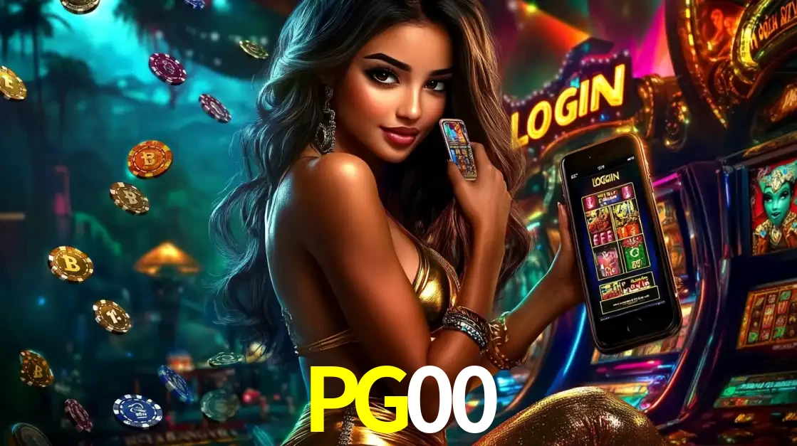 Mulher em um cenário de cassino temático de aventura, mostrando o app de caça-níqueis da PG00 no celular. Fichas de apostas flutuam ao redor.